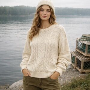 Vintage Cable Knit Fisherman Sweater Made in USA Outings Traditionals Ivory Sz M